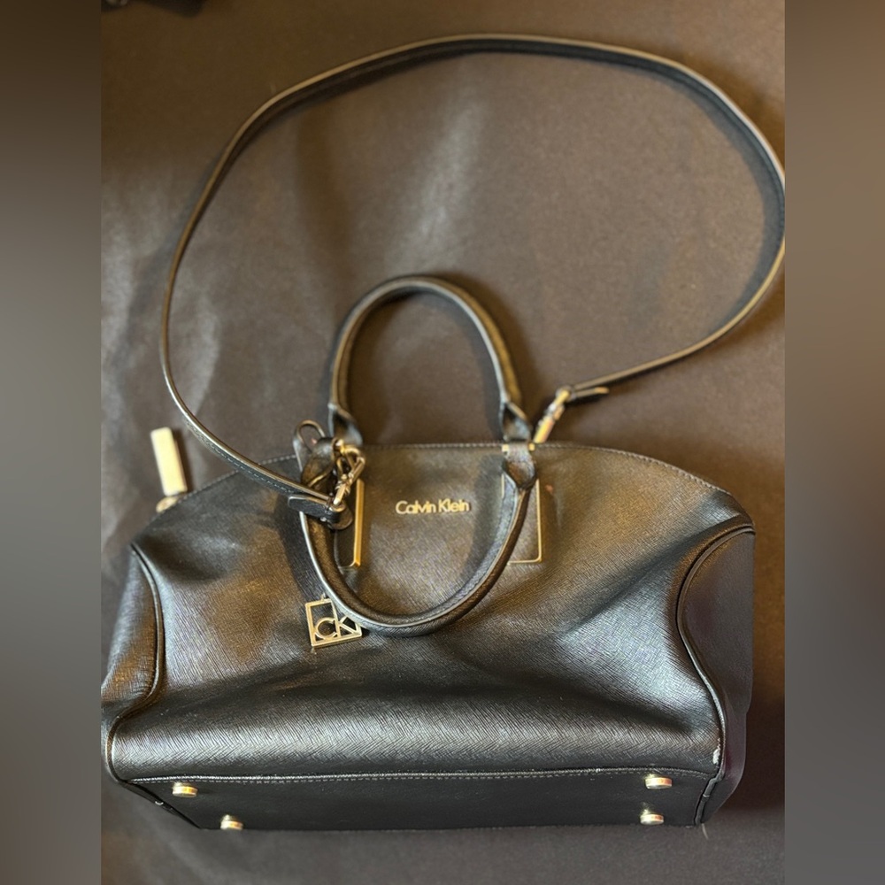 New Calvin Klein Black Satchel Crossbody Bag Gold Hardware